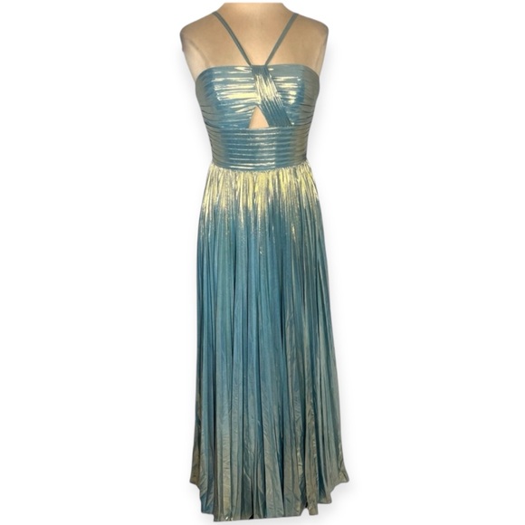 Stacees Sky Blue Gold Metallic Shimmer Floor Length gown with side slit size 2 - Picture 5 of 12